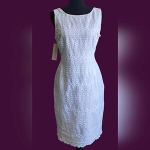 NWT Evan Picone Embroidered Eyelet Sleeveless Sheath Dress White Summer V Back